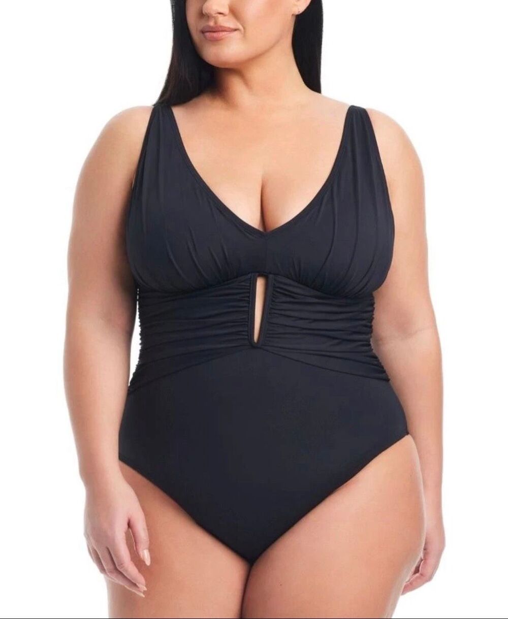 Bleu Rod Beattie Black Ruched V Neck One Piece Swimsuit 20W
